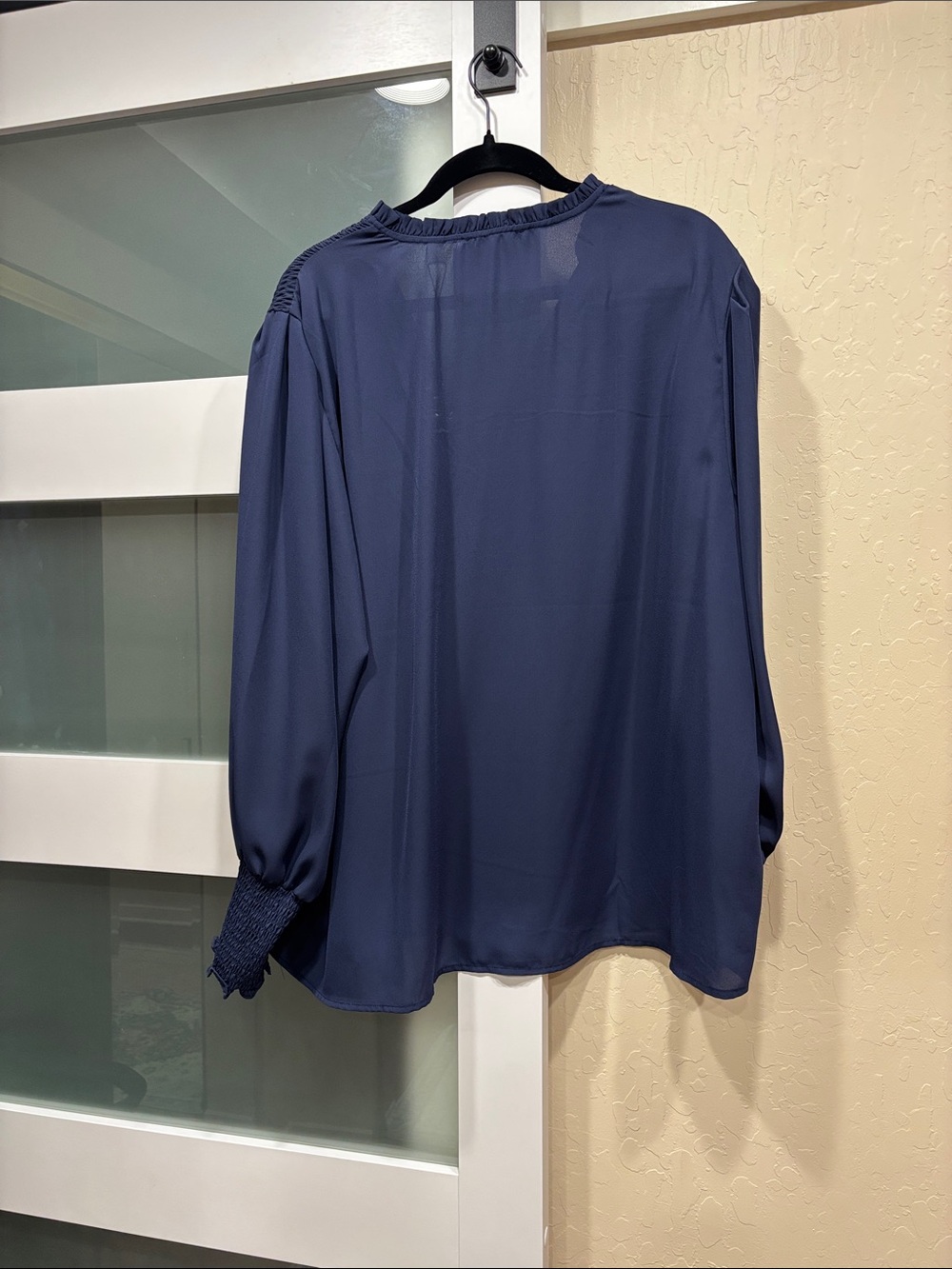 Tahari Dusty Blue Smocked Yoke Long-Sleeve Blouse - Picture 2 of 3